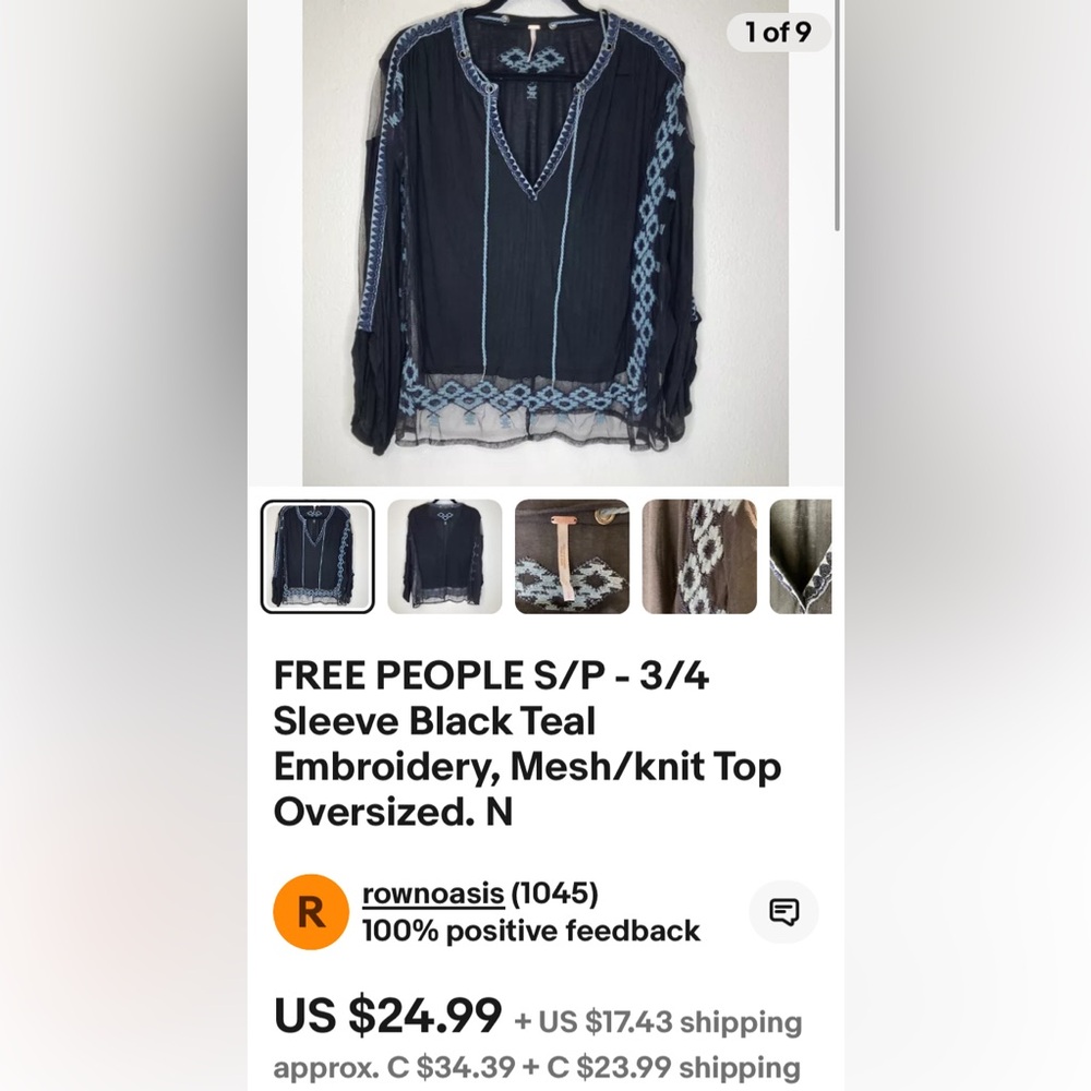 REDUCED! Free people bohemian peasant oversized embroidery, 3/4 sleeves! - Picture 11 of 16